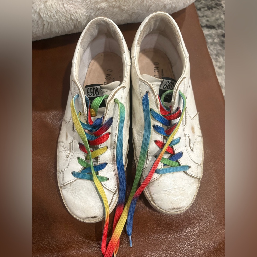Golden Goose Super-Star White Leather Sneakers Rainbow Laces Size 37 Italy - Picture 13 of 15